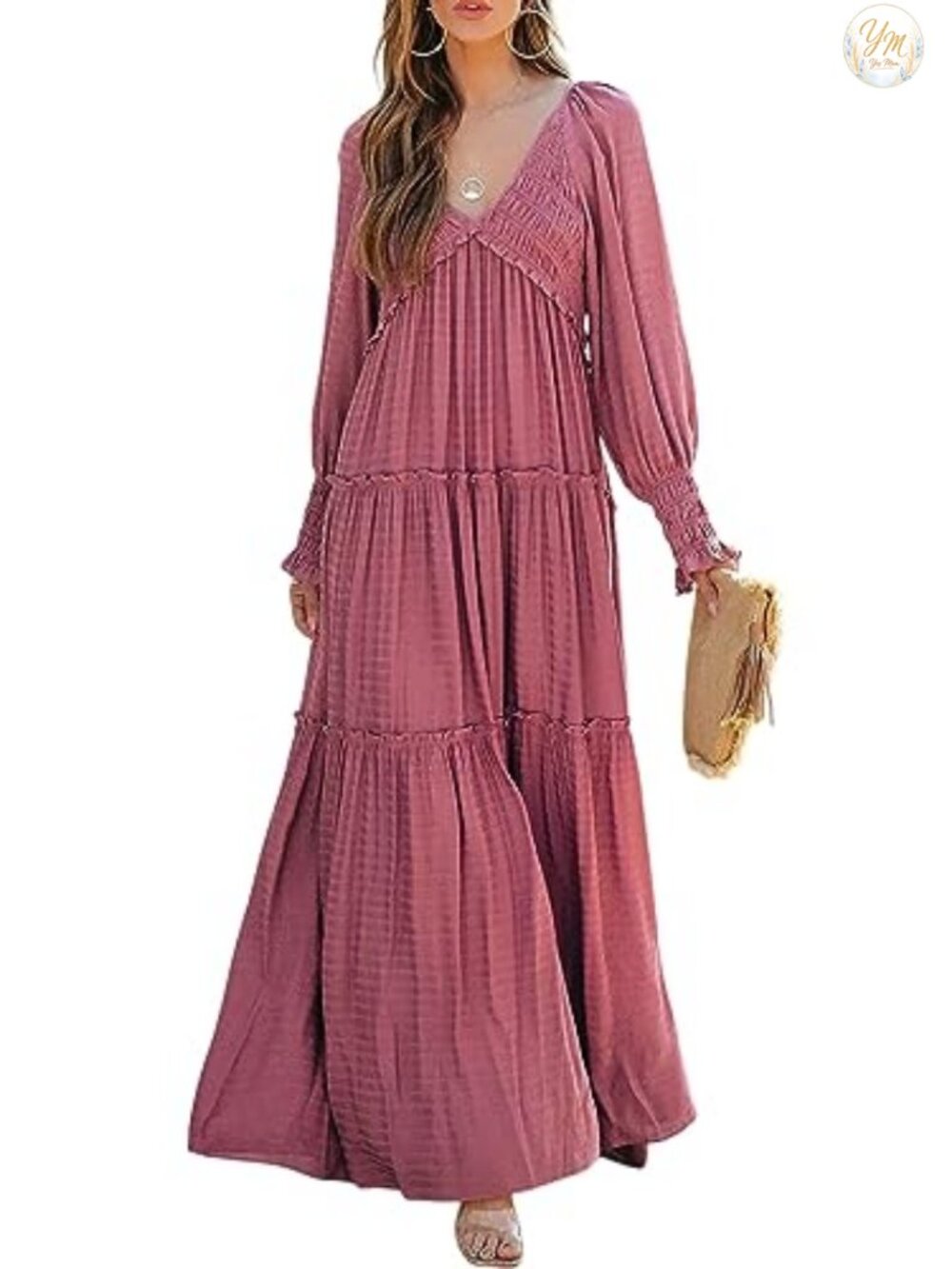 Flowy Maxi Dress Long Sleeve V Neck Ruffle Hem Boho Casual Maternity